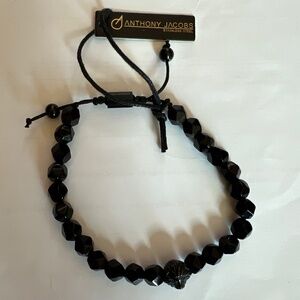 #2418 Anthony Jacobs 6mm Polished Onyx Bead Bracelet w/ logo ring size 8.75
